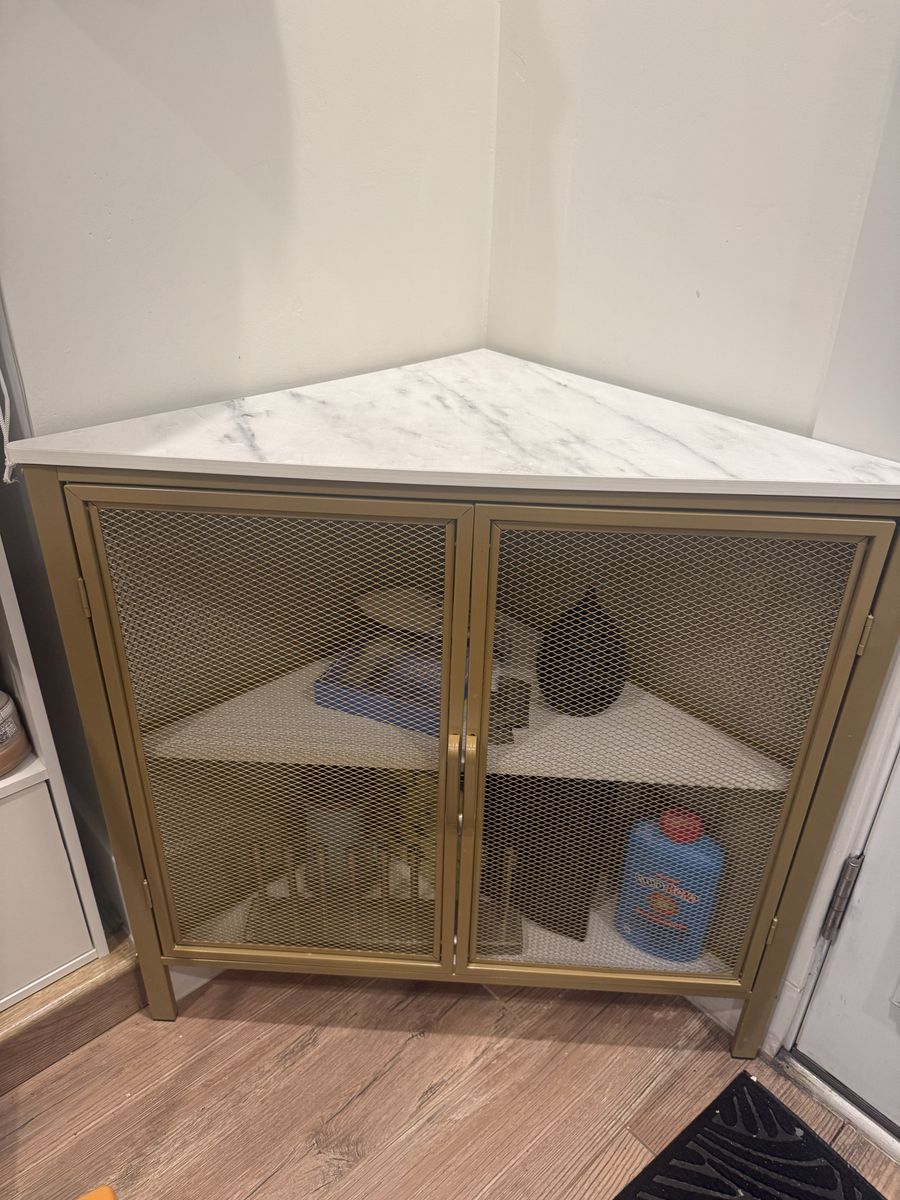 Gold Metal Frame Corner Cabinet with Faux Marble Top, 2 Tier Storage Shelf Organizer