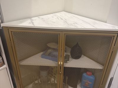 Gold Metal Frame Corner Cabinet with Faux Marble Top, 2 Tier Storage Shelf Organizer