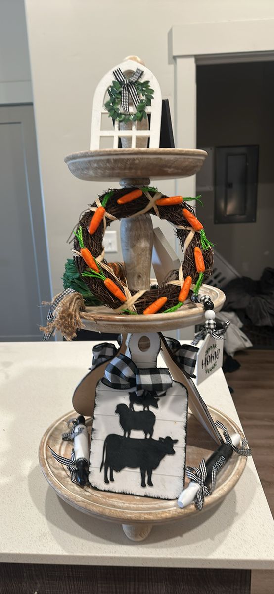 Tiered Farmhouse Decor Tray with Interchangeable Seasonal Decor - Rustic Kitchen Island Centerpiece