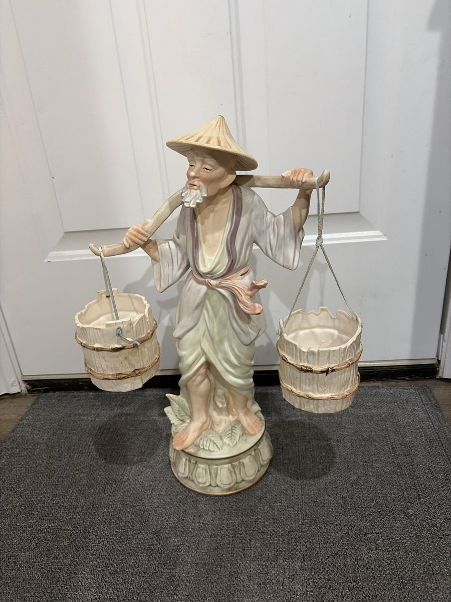 Vintage Ceramic Asian Farmer Figurine Statue with Water Buckets Planters (Japan) 