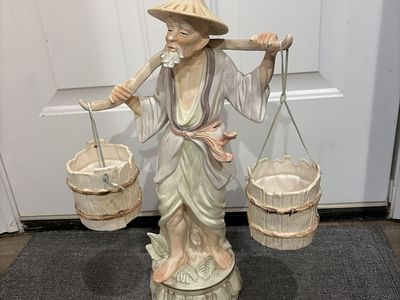Vintage Ceramic Asian Farmer Figurine Statue with Water Buckets Planters (Japan)