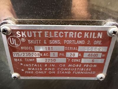 Skutt Kiln Model 181 Electric Kiln - Max Temp 2250F, 4600W, Single Phase