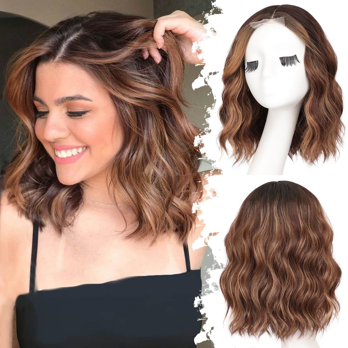 Eawwii Trend Brown Highlight Bob Wig Wavy Short Hair Wigs for Women Natural Breathable Lace