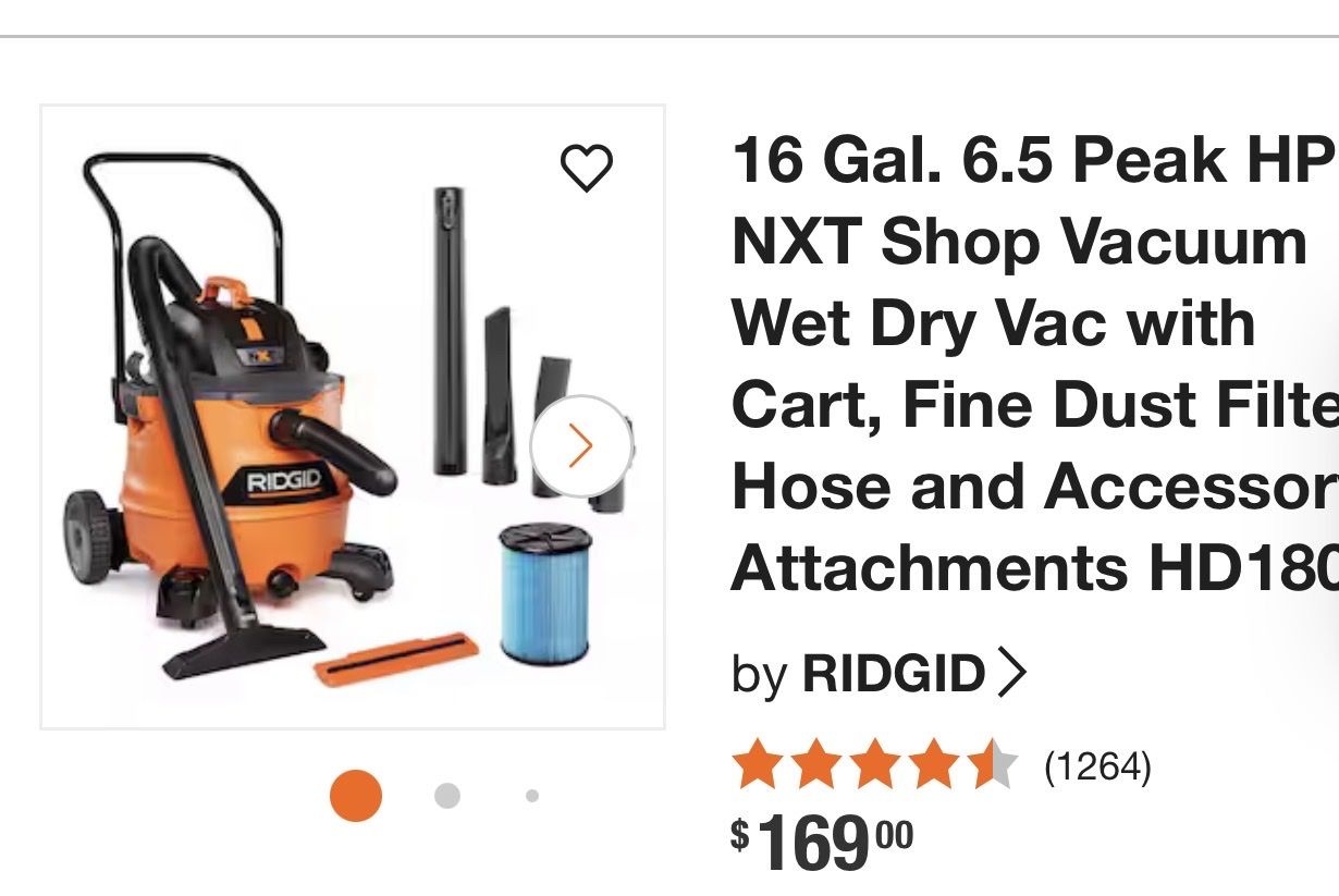 RIDGID NXT HD1800 16-Gallon 6.5 Peak HP Wet/Dry Shop Vacuum with Cart & Fine Dust Filter