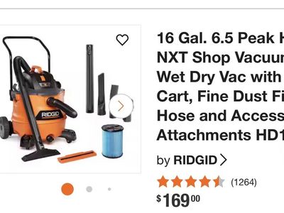 RIDGID NXT HD1800 16-Gallon 6.5 Peak HP Wet/Dry Shop Vacuum with Cart & Fine Dust Filter