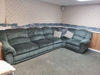 Green Corduroy Sectional Couch with Recliner - Large 4-Piece Corner Sofa