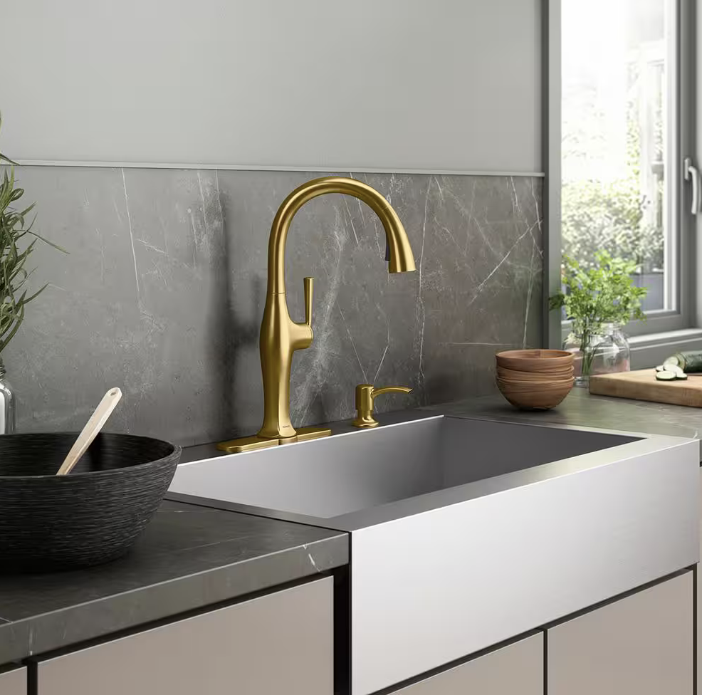 NEW KOHLER Sundae Brushed Brass Single  Handle Kitchen Faucet
