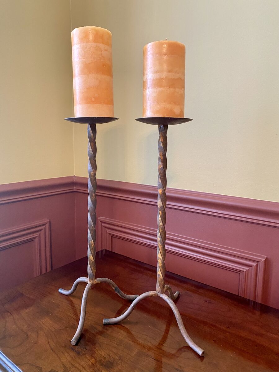 BEAUTIFUL TALL Vintage Rusted Twisted Metal Candlesticks w/ Candles - See Photos For Details