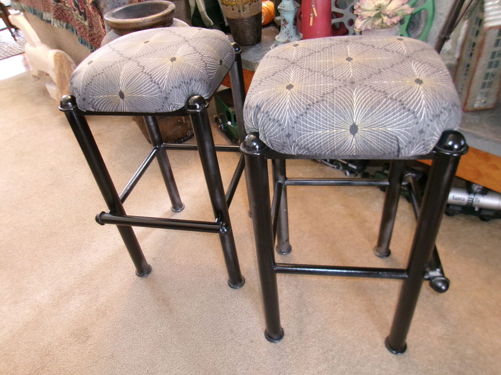 Pair of Heavy Iron Bar Stools with Upholstered Seats - Black