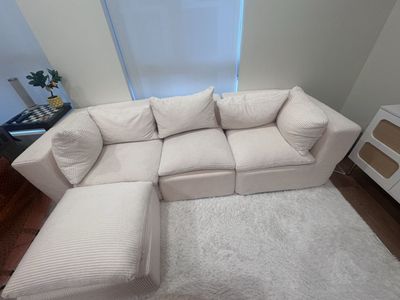 Modern Cream Corduroy Modular Sectional Sofa with Ottoman