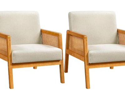 Accent Chairs (Set of 2) - Natural Wood Frame & Cream Upholstery