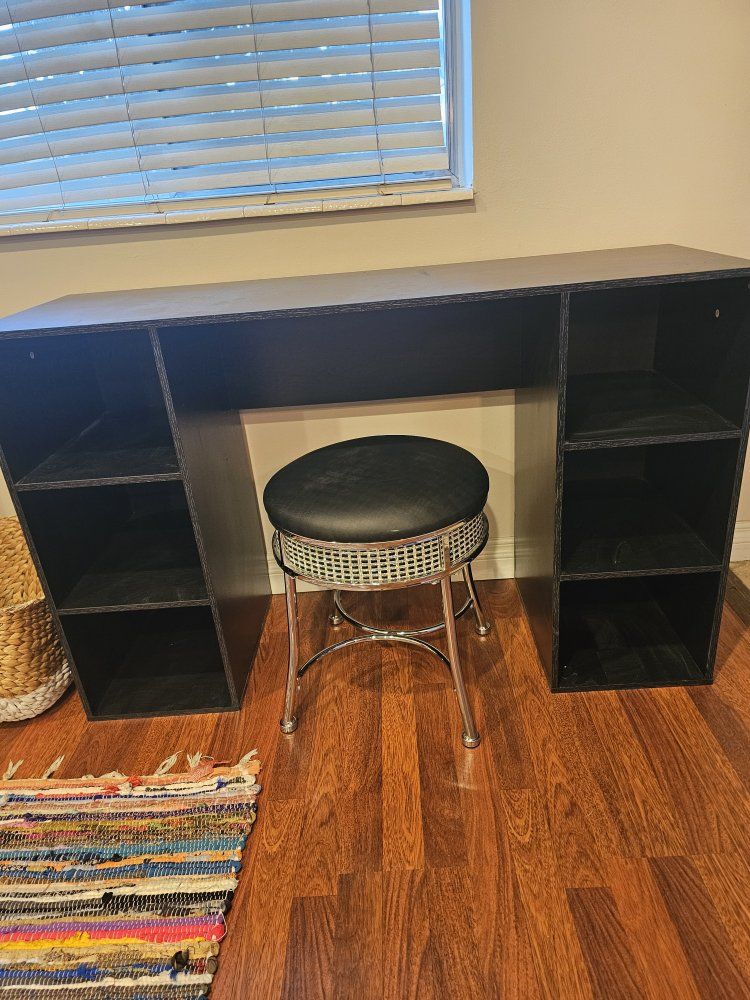 Black Wooden Desk with Built-In Storage Shelves and Matching Vanity Stool