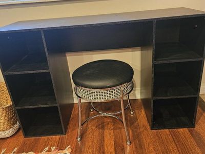 Black Wooden Desk with Built-In Storage Shelves and Matching Vanity Stool
