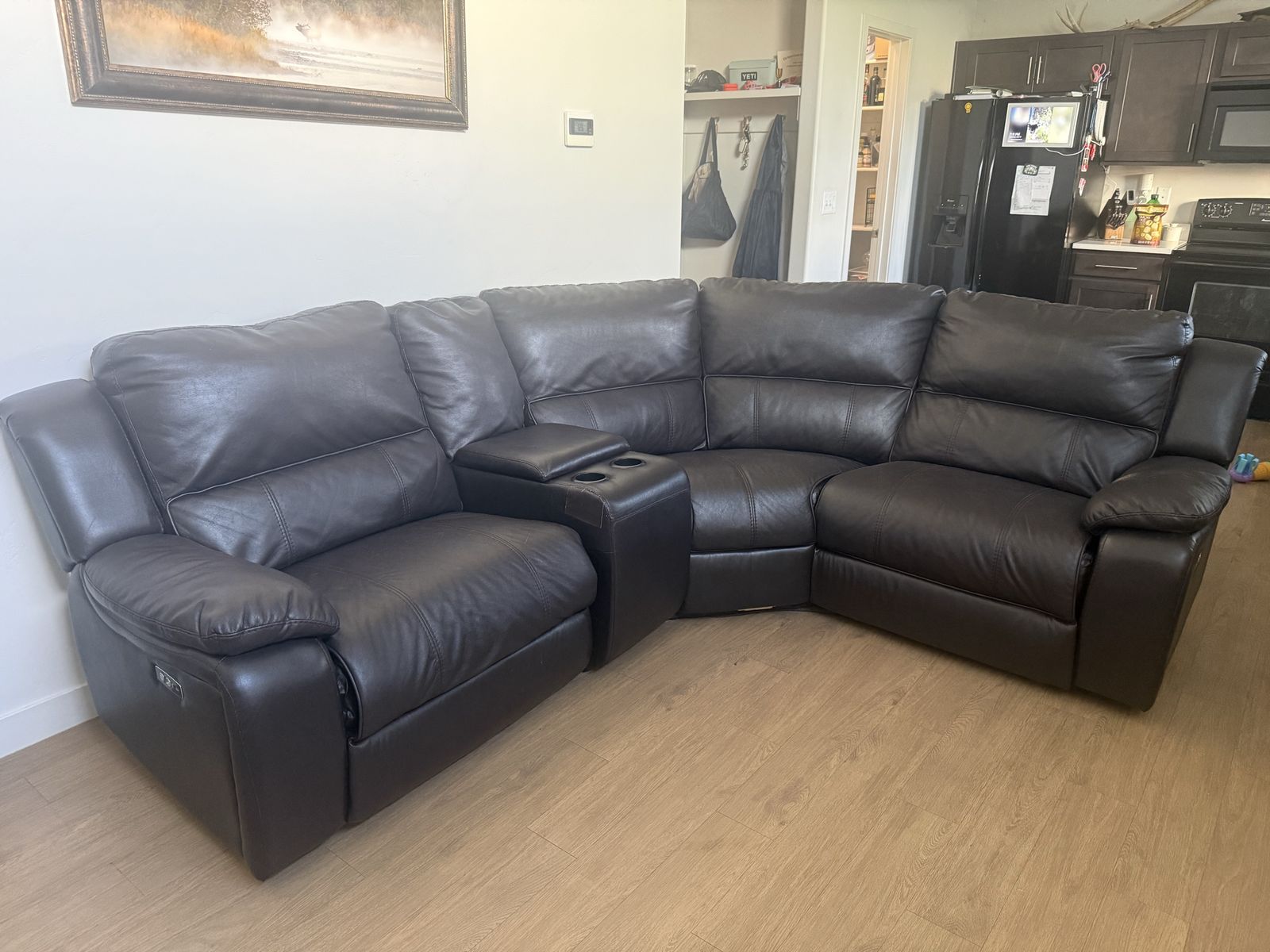 Dark Brown Leather Sectional Sofa with Reclining Seats & Cupholders