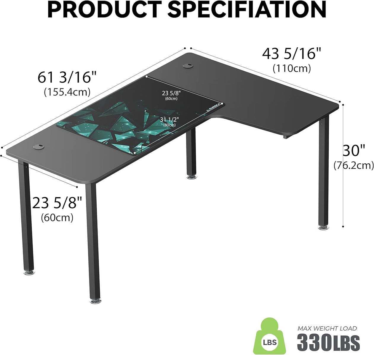 Desk, DESIGNA 60 Inch L Shaped Gaming Desk, Corner Computer Desk — $114 — Excellent Condition