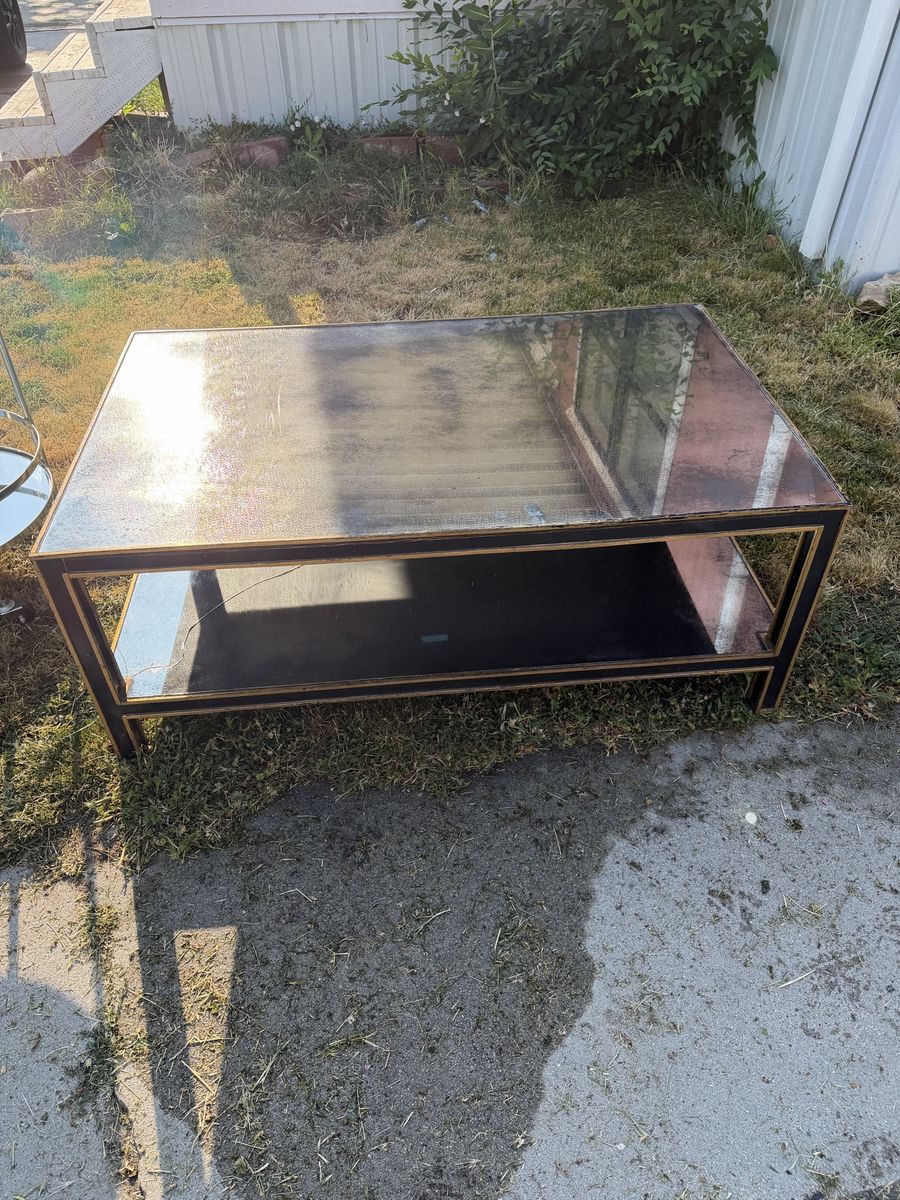 Glass Coffee Table with Gold Trim and Storage Shelf
