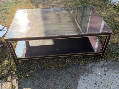 Glass Coffee Table with Gold Trim and Storage Shelf
