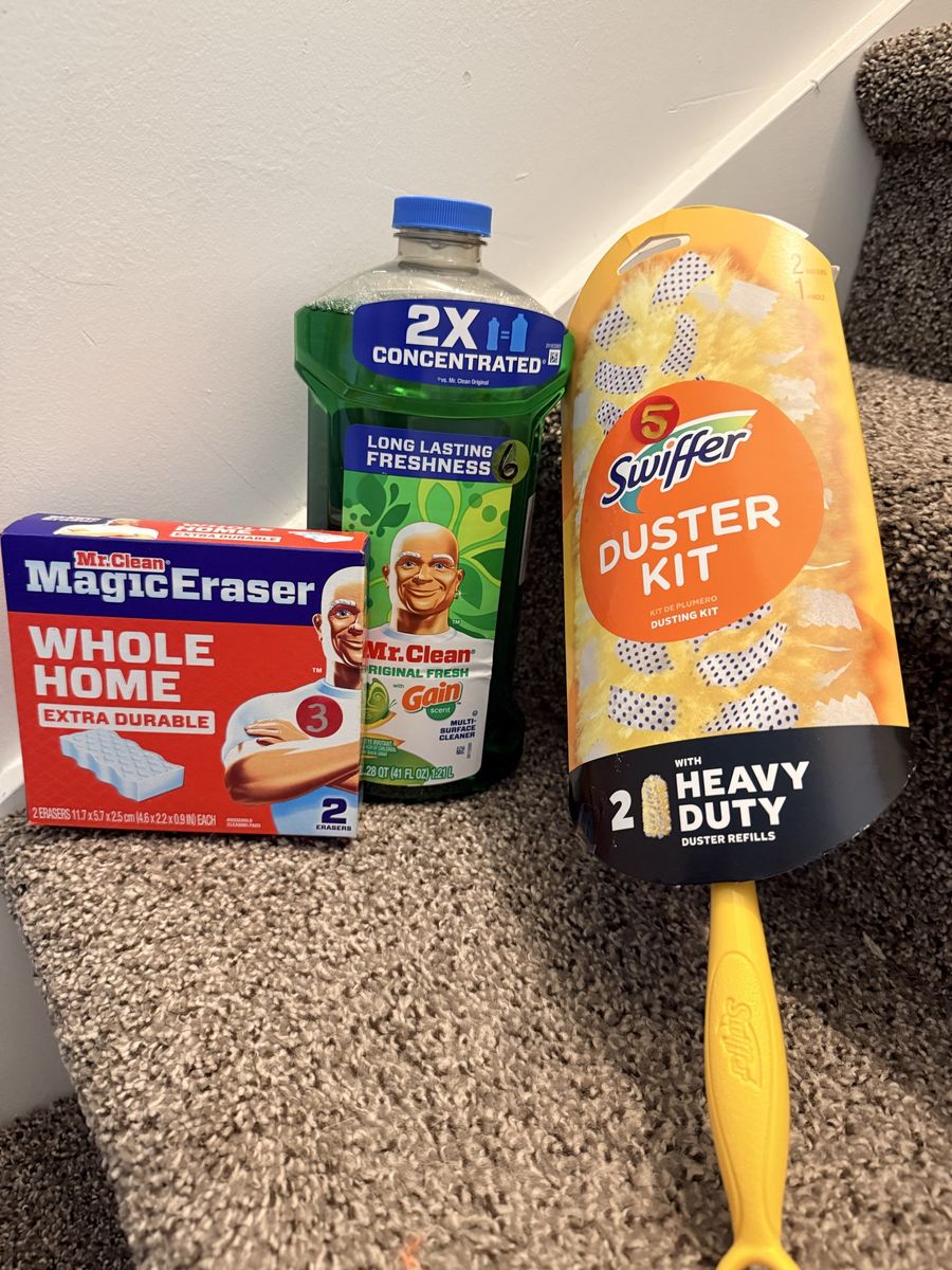 Mr. Clean Household Cleaning Bundle: Magic Erasers, Multi-Surface Cleaner, & Swiffer Duster Kit