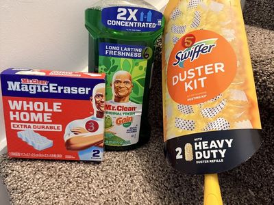 Mr. Clean Household Cleaning Bundle: Magic Erasers, Multi-Surface Cleaner, & Swiffer Duster Kit