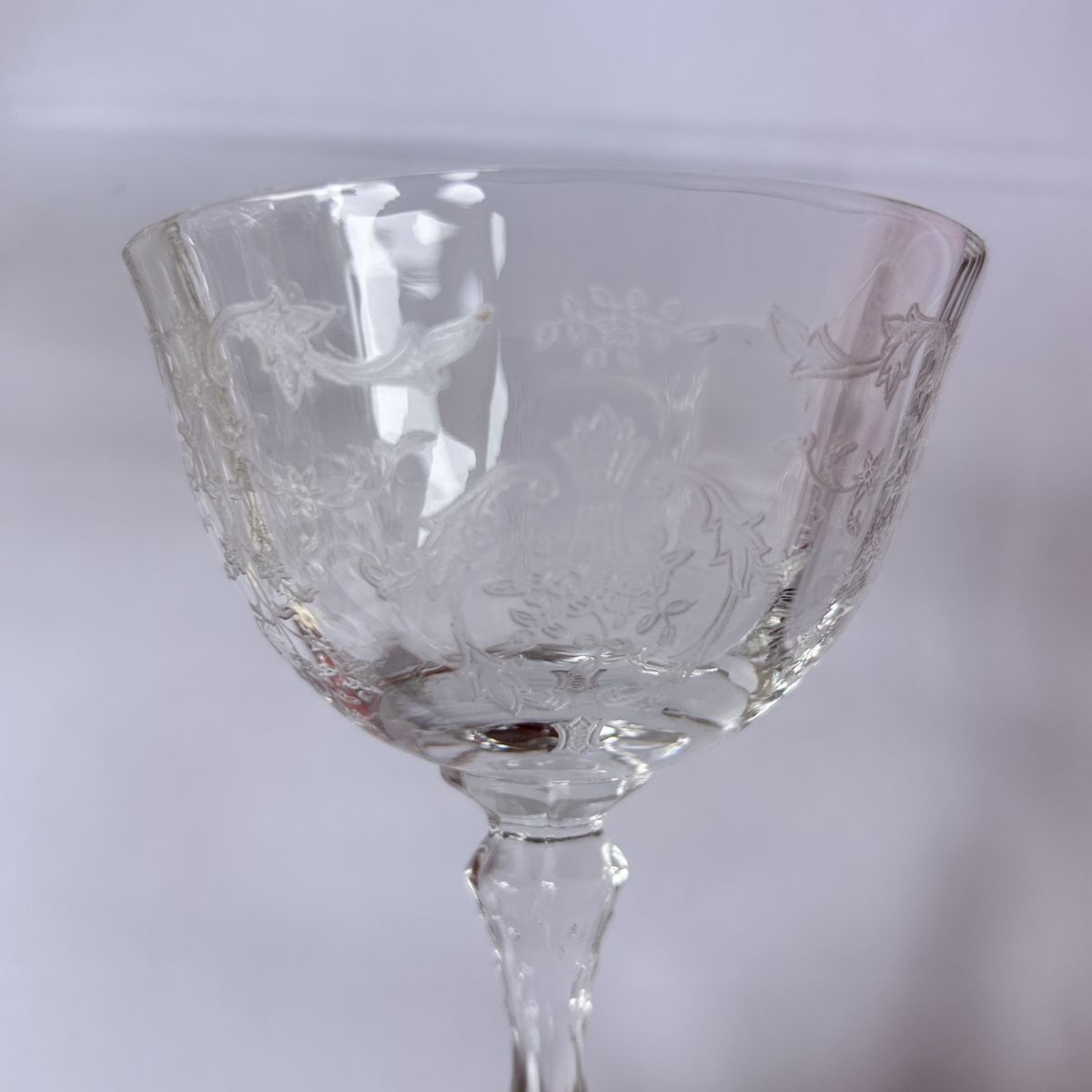 5 mixed Drink Stemware Glasses with Vintage Detailed Etchings - similar to Nick and Nora Glasses.  No chips, cracks or defects.