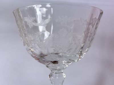 5 mixed Drink Stemware Glasses with Vintage Detailed Etchings - similar to Nick and Nora Glasses. No chips, cracks or defects.