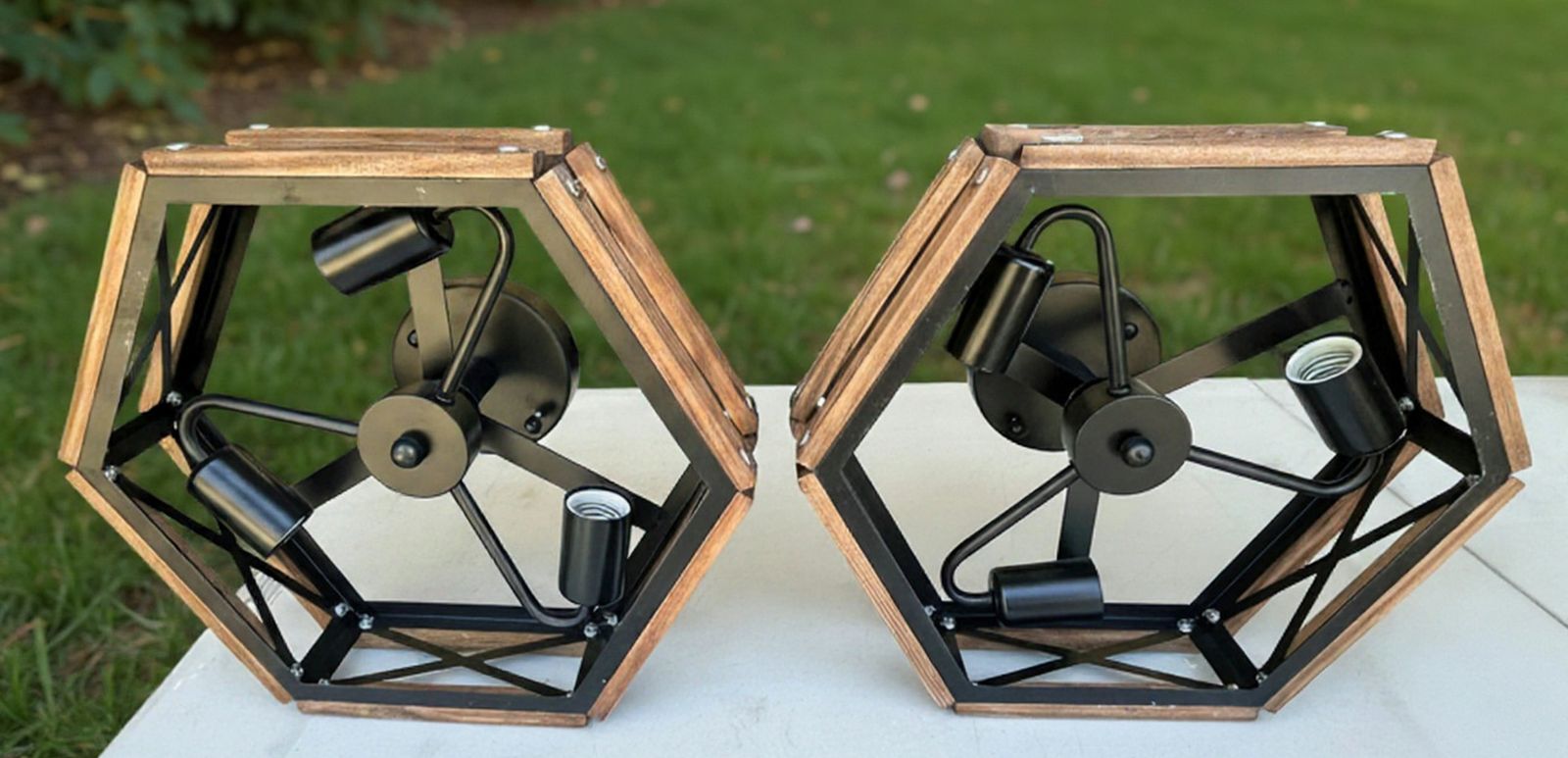 Set of Farmhouse ceiling mounted light fixtures. Orig cost $69. each and bought 5/2/26. Hardware included, bulb are not.
