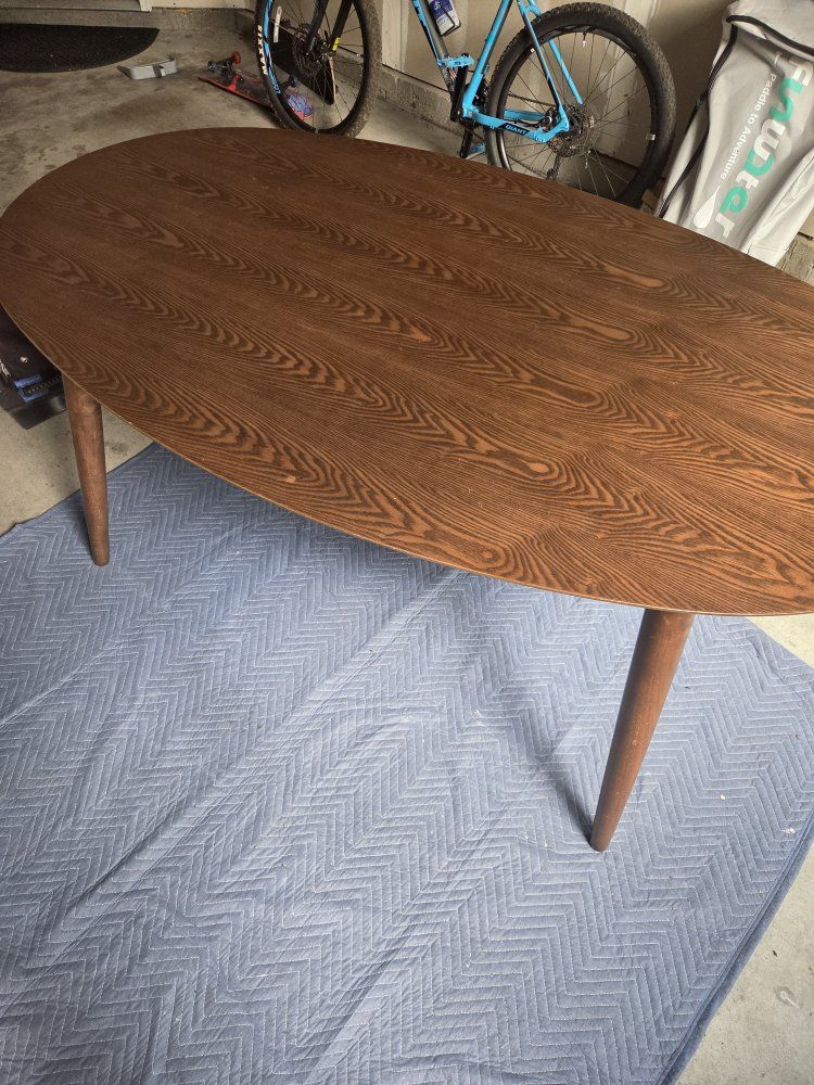 Mid-Century Modern Oval Dining Table Wooden Legs Brown Finish Used