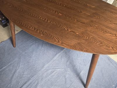 Mid-Century Modern Oval Dining Table Wooden Legs Brown Finish Used