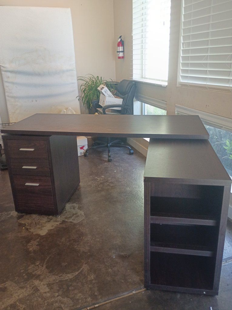 Dark Wood L-Shaped Executive Office Desk with Shelves and Drawers