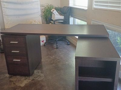 Dark Wood L-Shaped Executive Office Desk with Shelves and Drawers