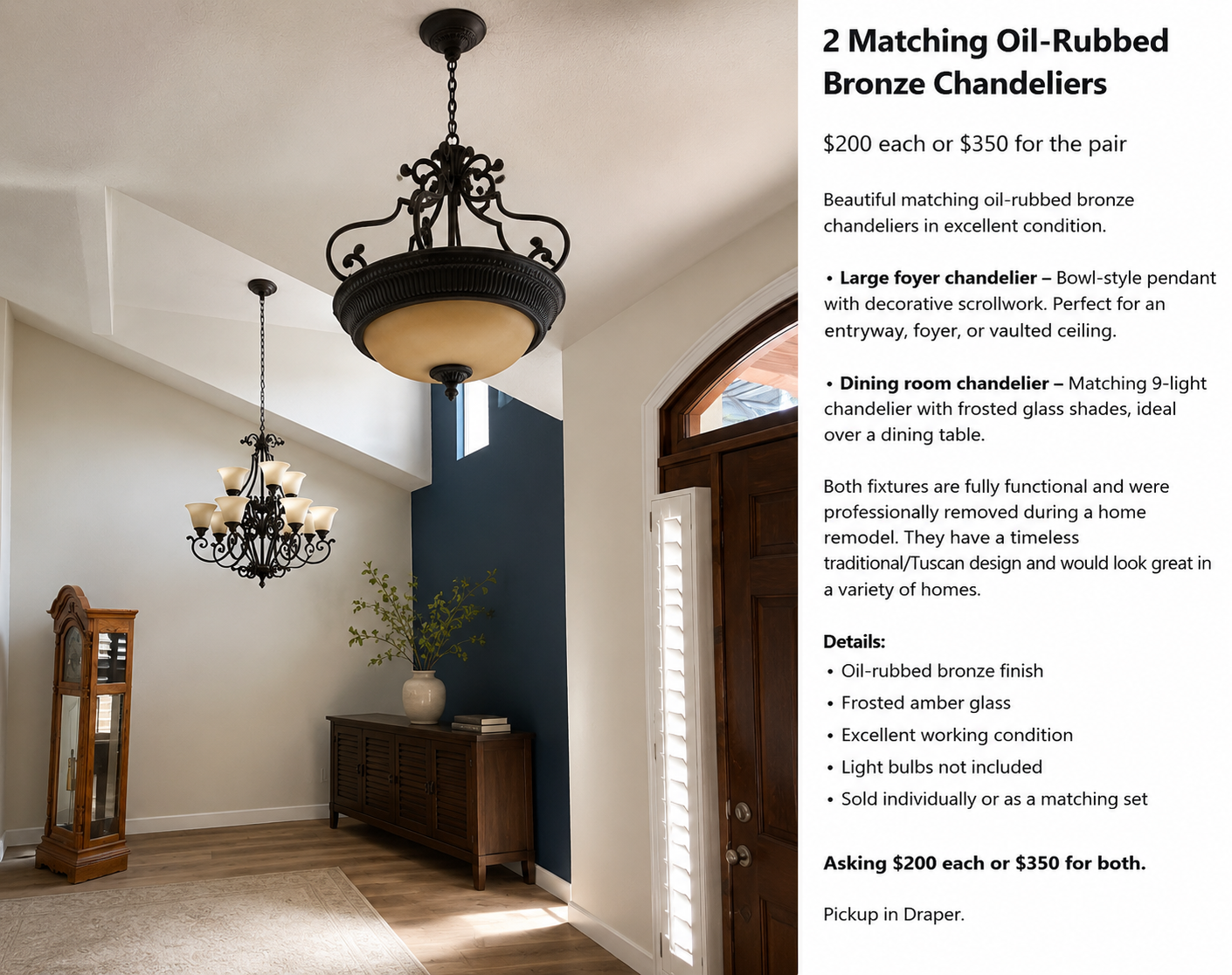 2 Matching Oil-Rubbed Bronze Chandeliers – Excellent Condition