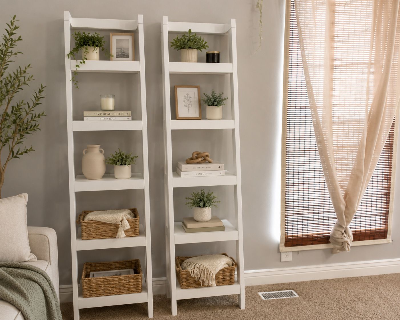 Set of 2 White Wooden Ladder Bookshelves - 5-Tier Leaning Storage Shelves