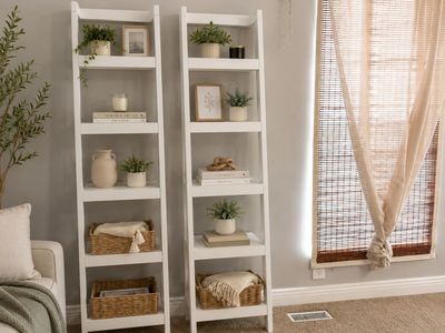 Set of 2 White Wooden Ladder Bookshelves - 5-Tier Leaning Storage Shelves