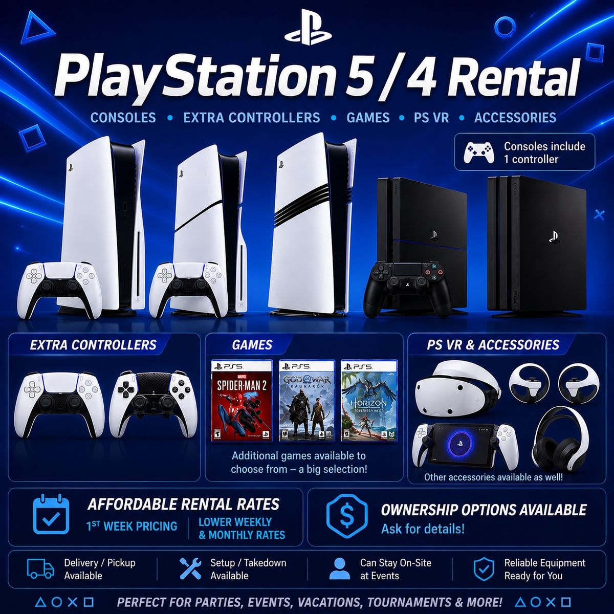 Rent PlayStation 5 / 4 / PS5 / PS4 consoles, VR, Hardware, games, controllers, accessories, and more.