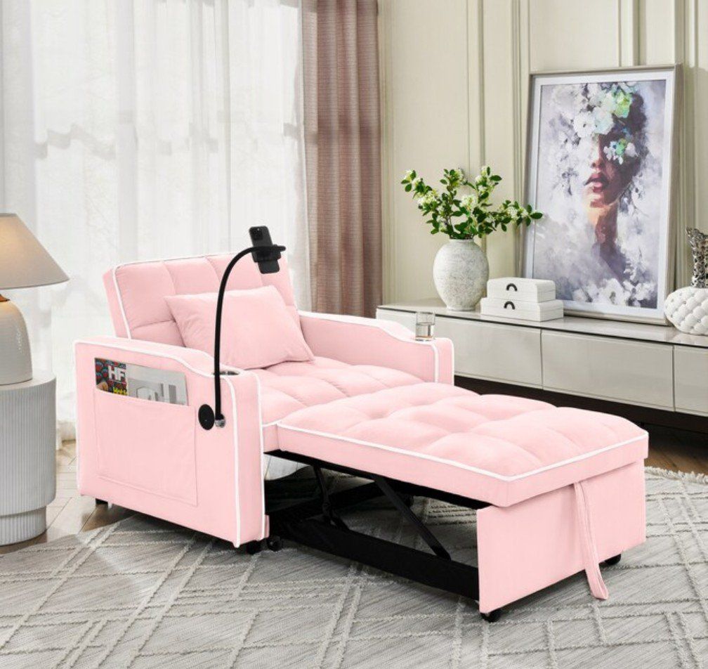 Convertible Sofa Bed Chair Sleeper, Pink, Adjustable Backrest