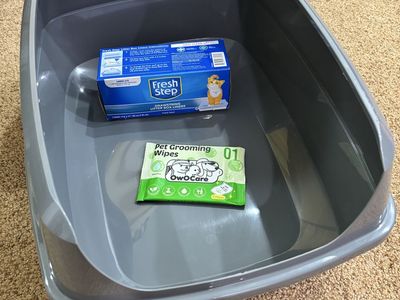 Fresh Step Cat Grey Litter Box with Drawstring Liners and Pet Grooming Wipes
