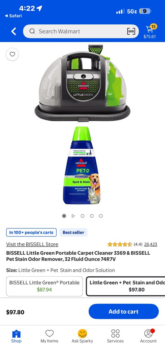 Bissell Little Green Portable Carpet Cleaner 3369 + Pet Stain & Odor Remover 32oz 74R7V