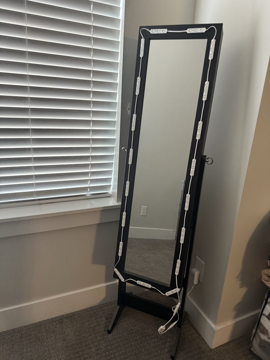 Black Standing Full-Length Jewelry Armoire Mirror with LED Lights