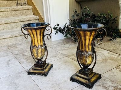 Pair of Large Decorative Vases with Faux Pampas Grass - Gold & Bronze Home Decor