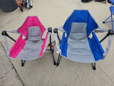 pink and blue small kids swinging camping chairs.
