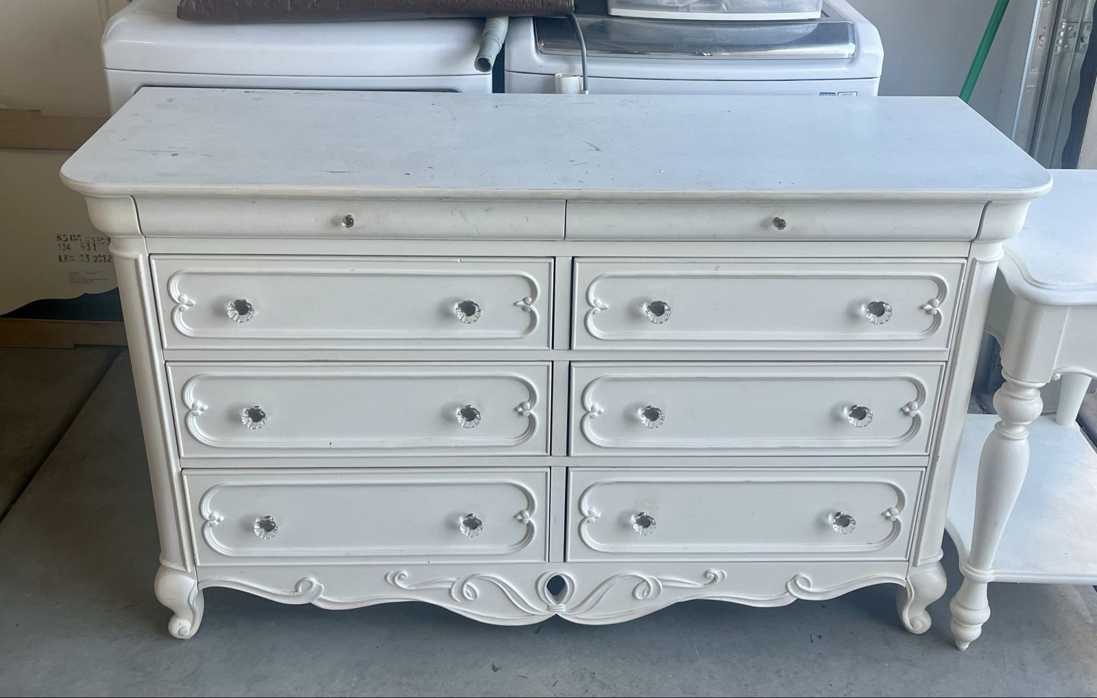 White Ornate Bedroom Furniture Set - Dresser w/Mirror, Bed Frame, and End Table