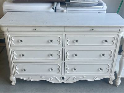 White Ornate Bedroom Furniture Set - Dresser w/Mirror, Bed Frame, and End Table