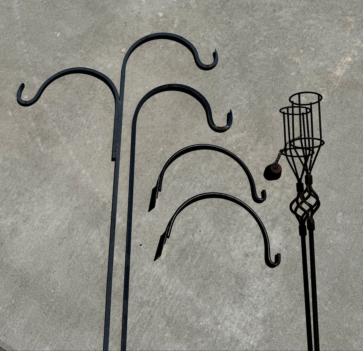 Garden Bundle of 5 : Plant or Bird Feeder Hangers -  Post Wall Mounts + Shepherd’s Hooks & Metal Tiki Torch Holder