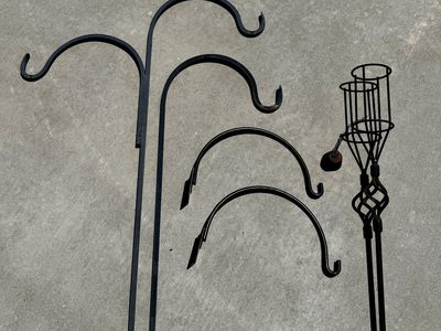 Garden Bundle of 5 : Plant or Bird Feeder Hangers - Post Wall Mounts + Shepherd’s Hooks & Metal Tiki Torch Holder