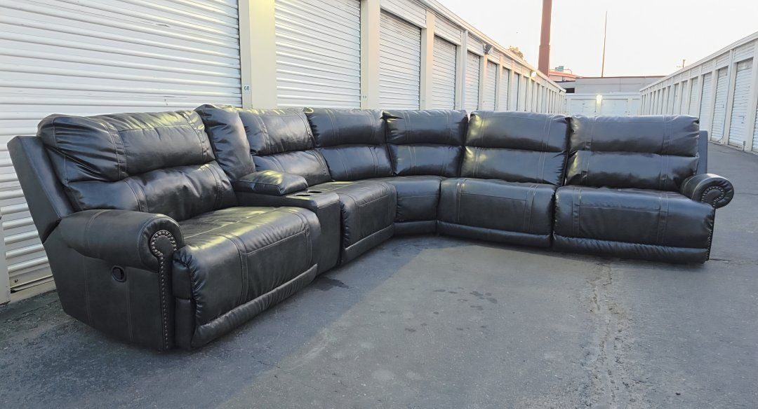 [FREE DELIVERY] Beautiful Dark Grey 6-Piece Leather Sectional With Recliners
