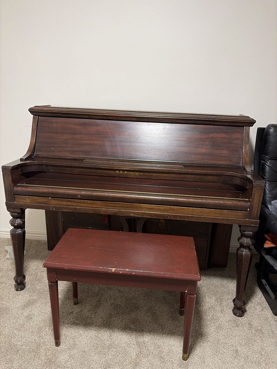 Vintage B.K. Settergren low Upright Piano with Wooden Bench