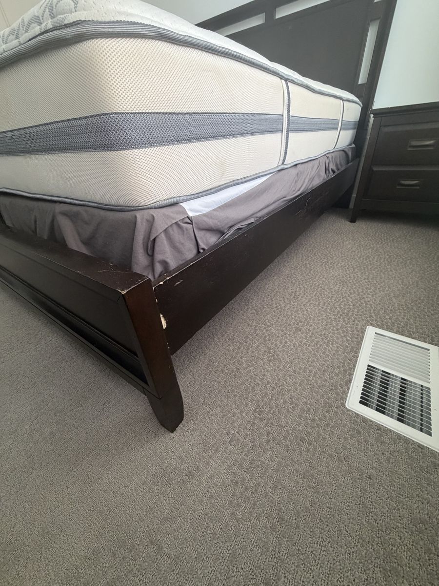 Dark Wood Queen Size Bed Frame - Sleigh Design with 2 nightstands and drawers