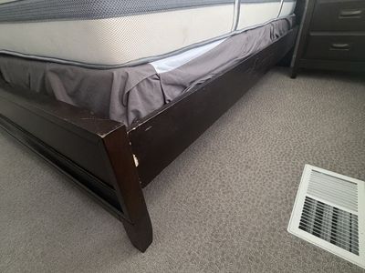 Dark Wood Queen Size Bed Frame - Sleigh Design with 2 nightstands and drawers