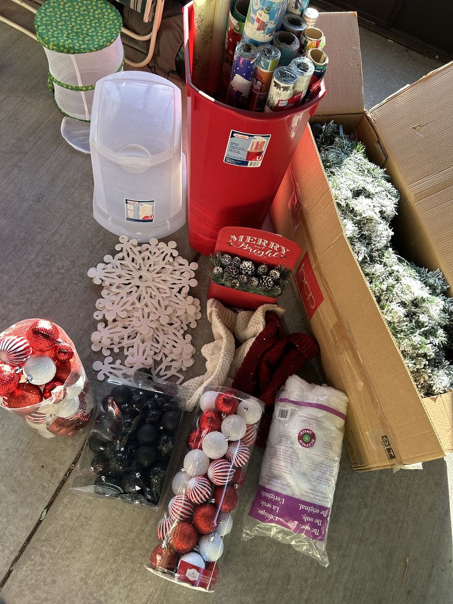 Lot of Christmas Home Decorations; Frosted Tree With Base, Gift Wrapers With Storage Tote, Red & Black Globes & More (see pics)