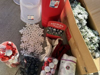 Lot of Christmas Home Decorations; Frosted Tree With Base, Gift Wrapers With Storage Tote, Red & Black Globes & More (see pics)